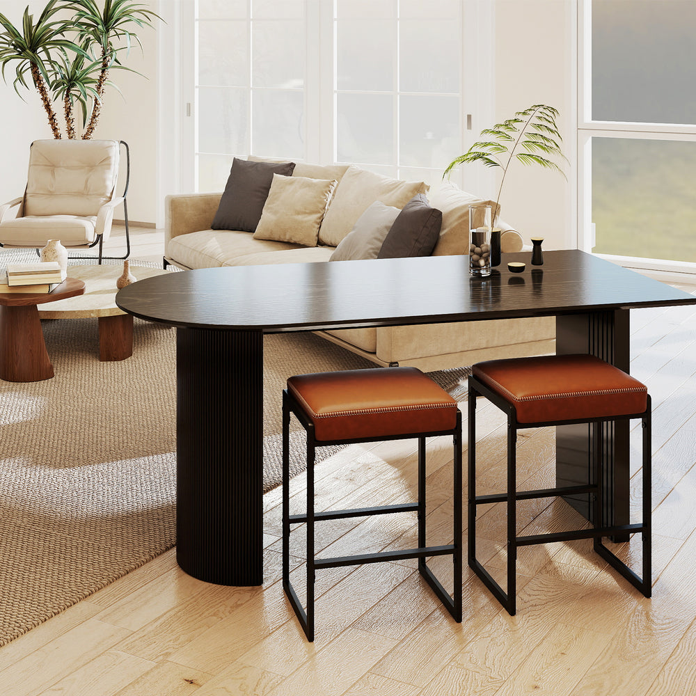Brown bar stools with faux leather seats and sturdy metal frames, perfect for kitchen islands and dining areas.