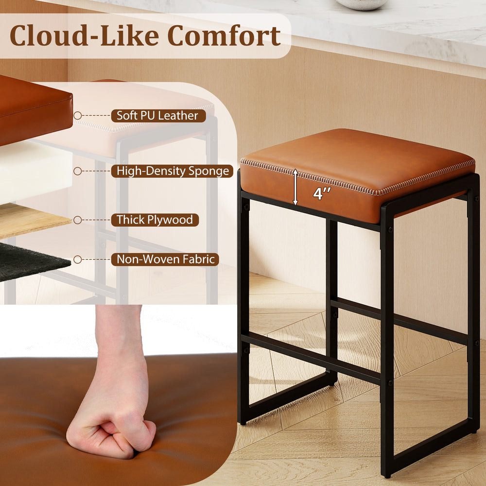 Brown faux leather upholstered bar stool with 4" thick sponge seat, sturdy metal frame, ideal for kitchen islands.