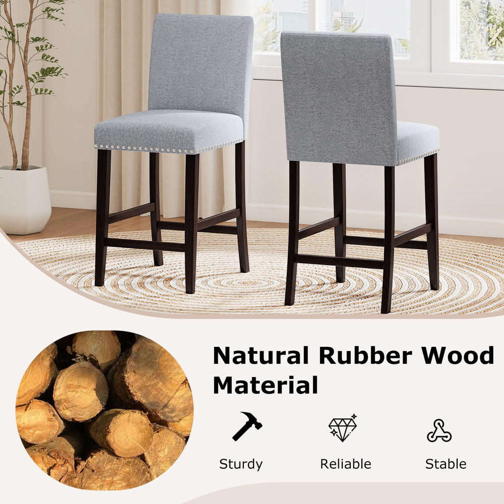 Counter height chairs set of 2 in gray with padded seat and backrest, made of sturdy rubber wood for kitchen or bar use.