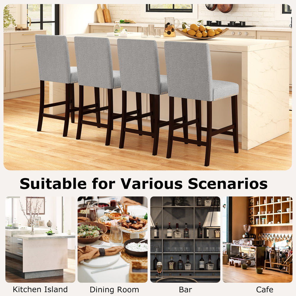 Gray counter height chair with padded seat and backrest, designed for comfort and stability, perfect for dining or bar.
