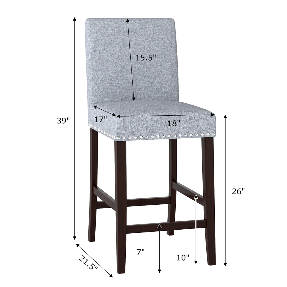 Counter height chair with padded seat and backrest, gray fabric, and nailhead trim, ideal for kitchen or bar use.