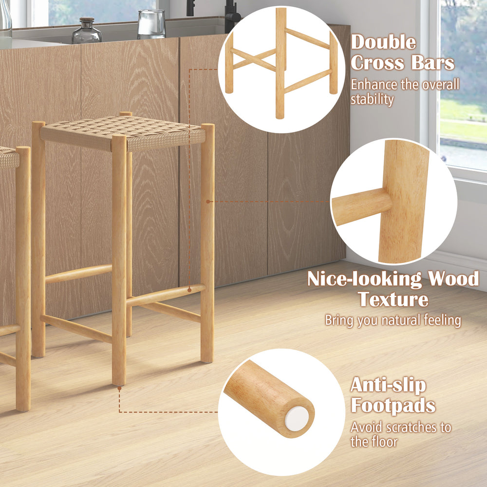 Natural 26-inch dining bar stool with woven paper rope seat, double cross bars, and anti-slip footpads for stability.