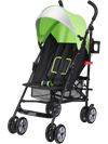 Lightweight green folding umbrella stroller with adjustable UV canopy, storage basket, and 5-point harness for safety.