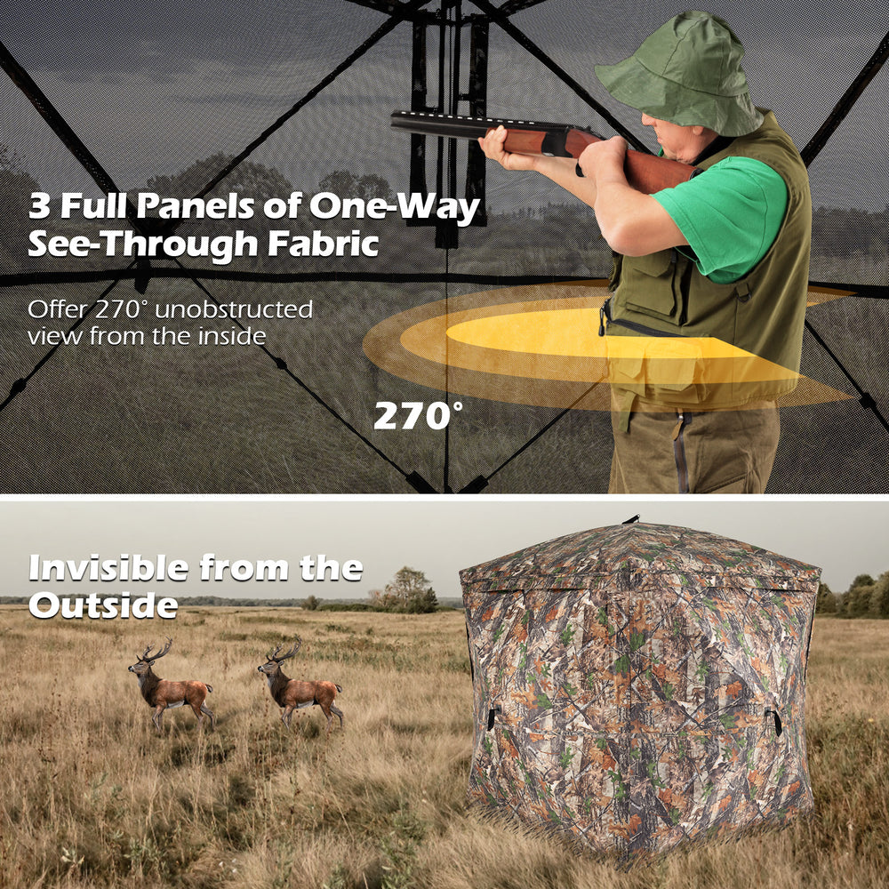 270° see-through hunting blind tent with silent magnetic door, featuring 3 panels for panoramic vision and easy setup.