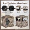 270° see-through hunting blind tent with magnetic sealed door and multiple windows for ventilation and stealth access.