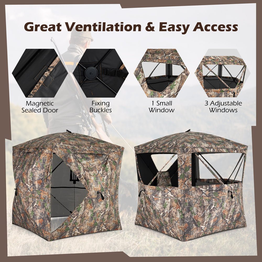 270° see-through hunting blind tent with magnetic sealed door and multiple windows for ventilation and stealth access.