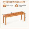 Acacia wood outdoor bench dimensions showing slatted seat design, comfortably seating 2 people, weight capacity 800 lbs.