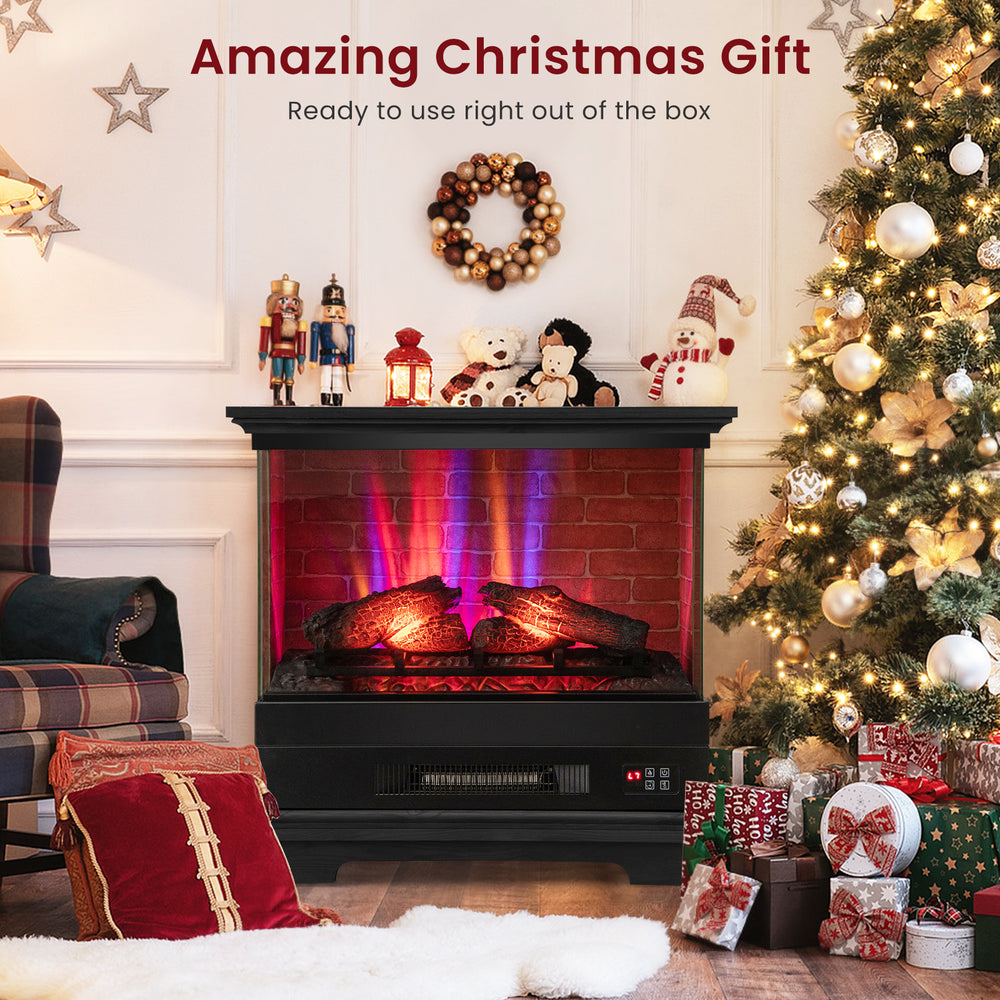 Freestanding 27-inch black fireplace with multi-color flame effect, remote control, perfect for cozy holiday settings.