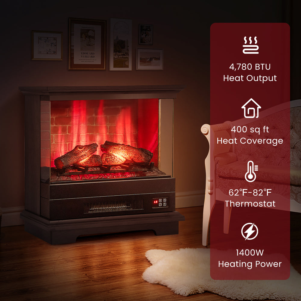 Freestanding black fireplace with remote control, 4780 BTU heat output, and 7-level multi-color flame effect for.
