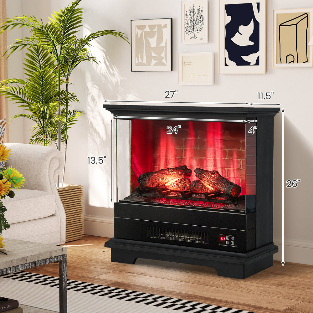 Freestanding black fireplace with remote control, featuring a multi-color flame effect and adjustable heating for cozy.