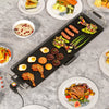 Large 27-inch electric griddle with nonstick surface, cooking various foods for gatherings, featuring adjustable.