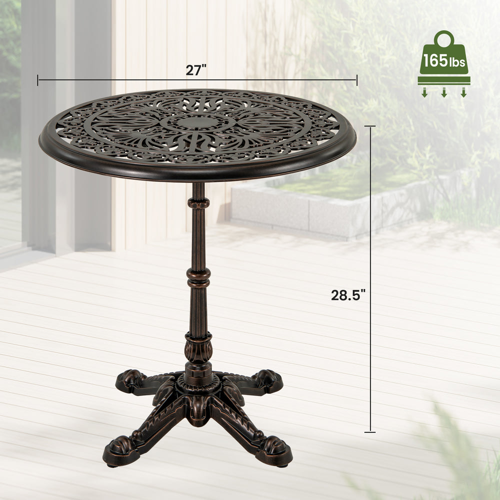 27-inch round cast aluminum patio bistro table with hollow top, vintage design, suitable for dining and relaxing.