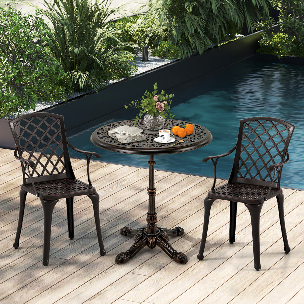 27-inch round cast aluminum patio bistro table with hollow top, featuring vintage design and weather-resistant frame.