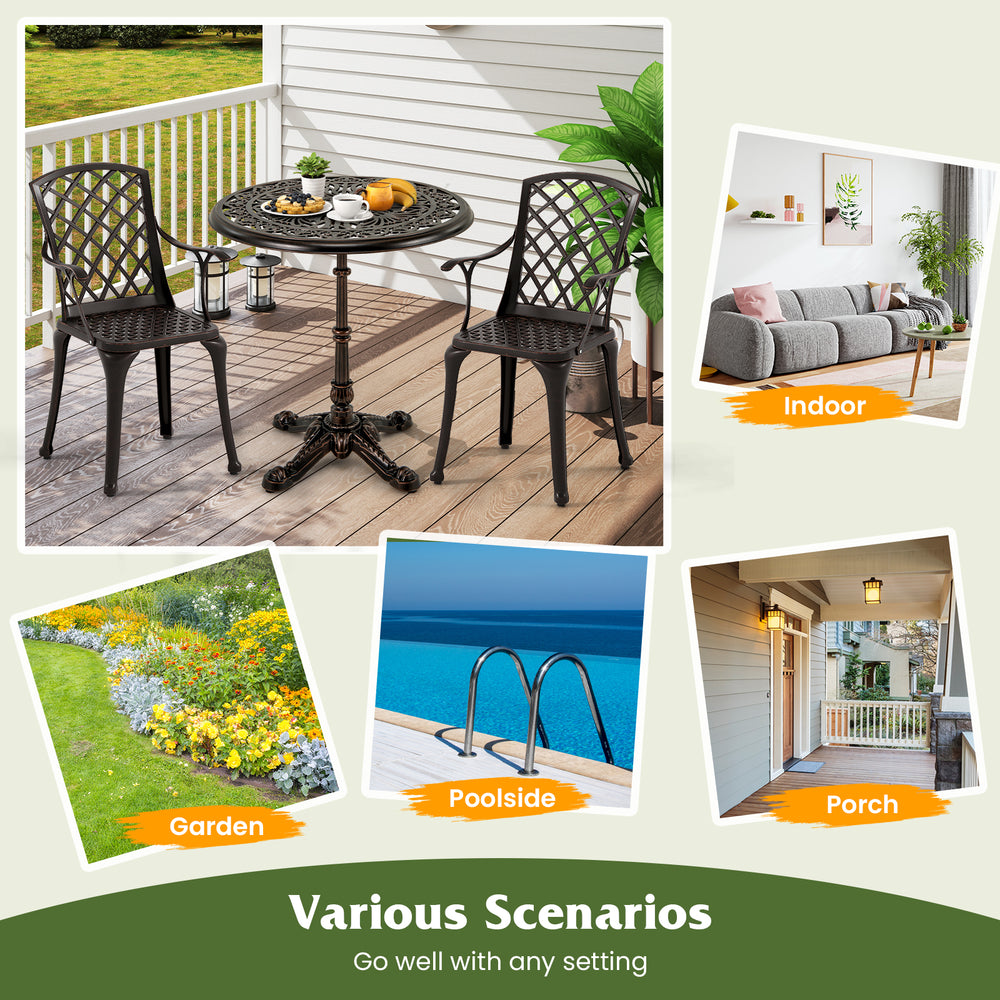 27-inch round cast aluminum patio bistro table with hollow top, suitable for dining in garden, poolside, or porch.