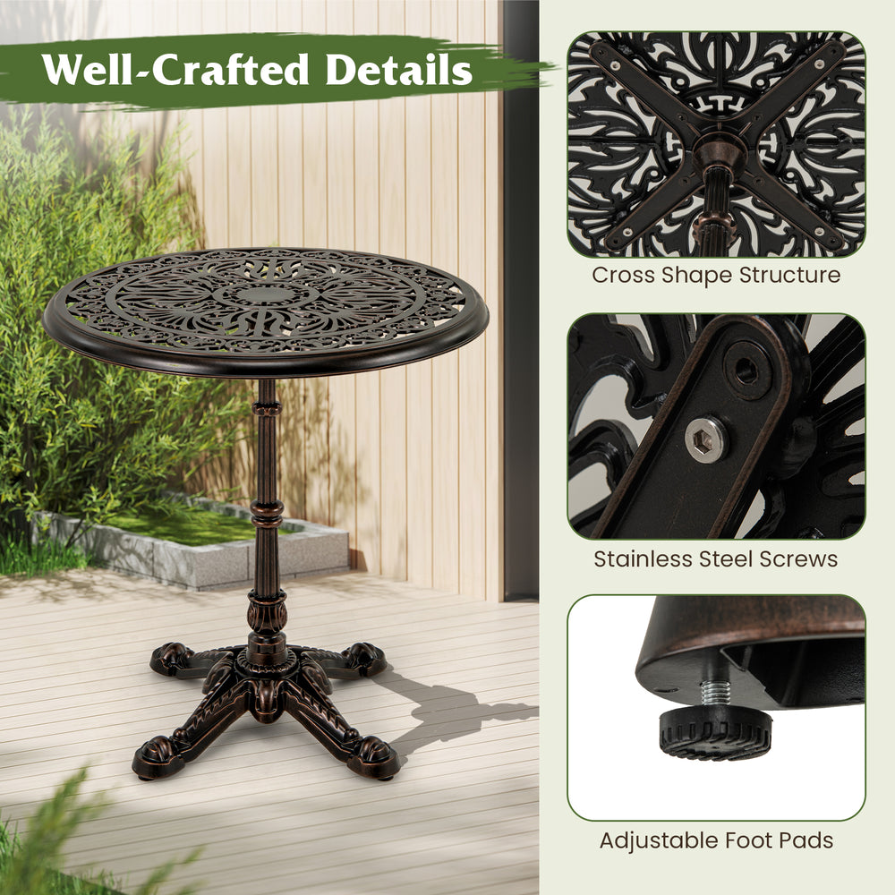 27-inch round cast aluminum patio bistro table with hollow top, featuring a vintage design and adjustable foot pads for.