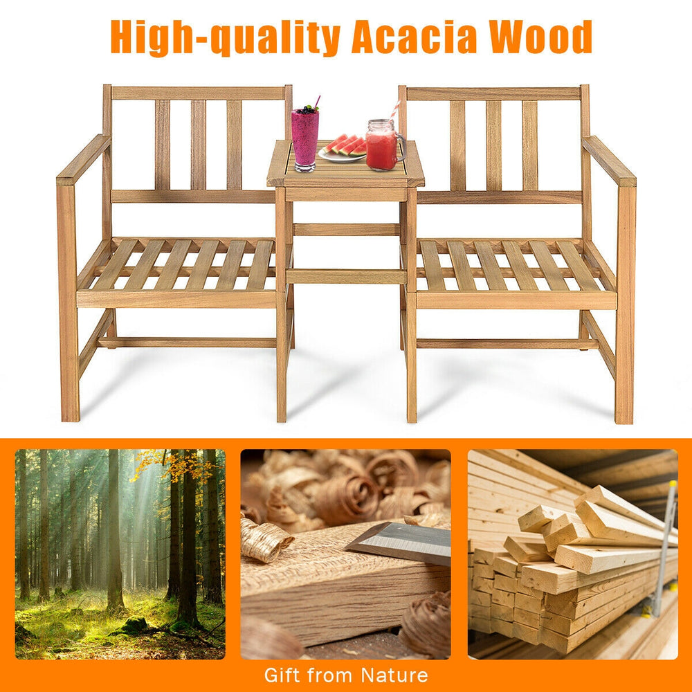 Acacia wood loveseat with separable coffee table, featuring thick cushions, ideal for outdoor relaxation in your.