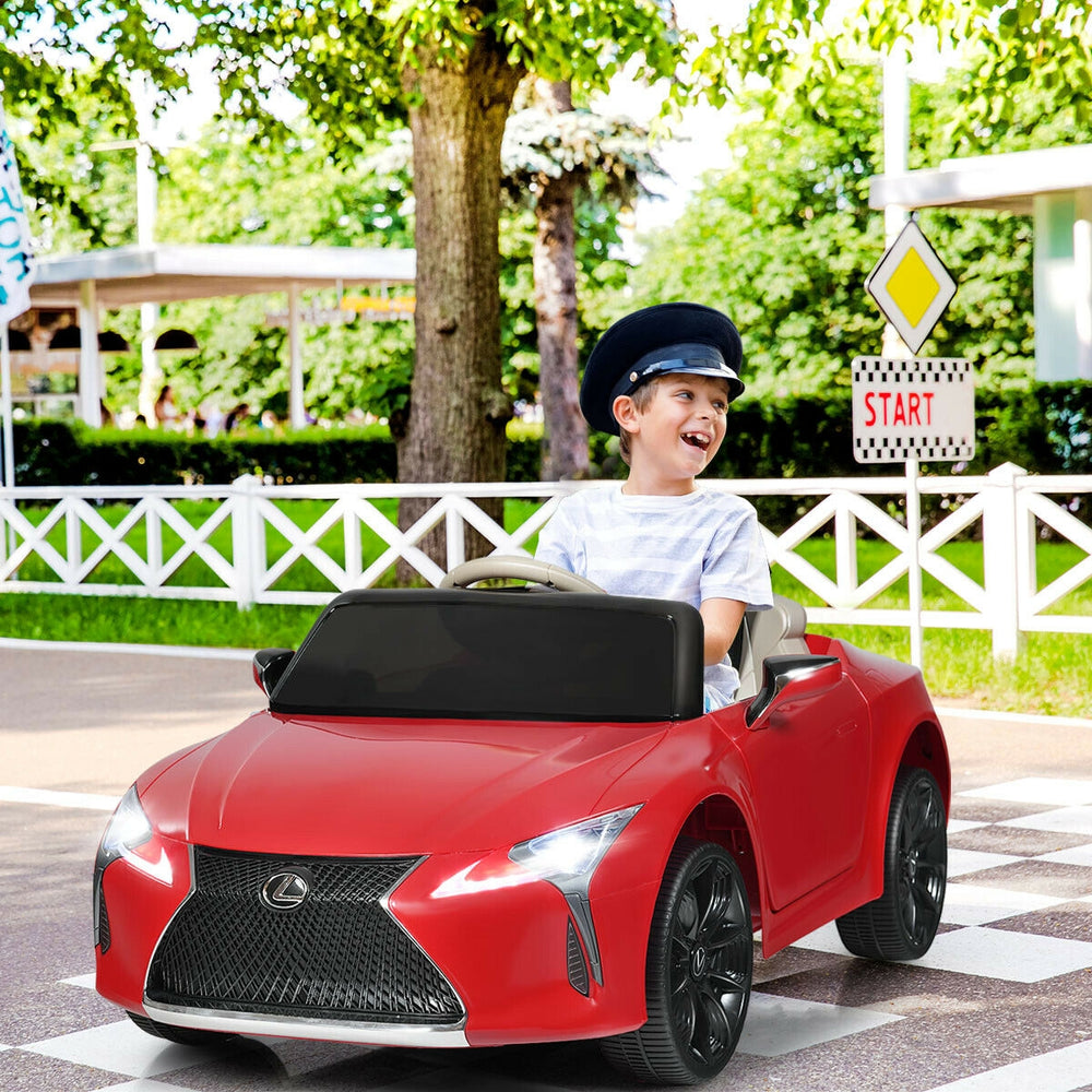 Red Lexus LC500 kids' ride-on car with remote control, featuring a smiling child driving on a fun outdoor track.