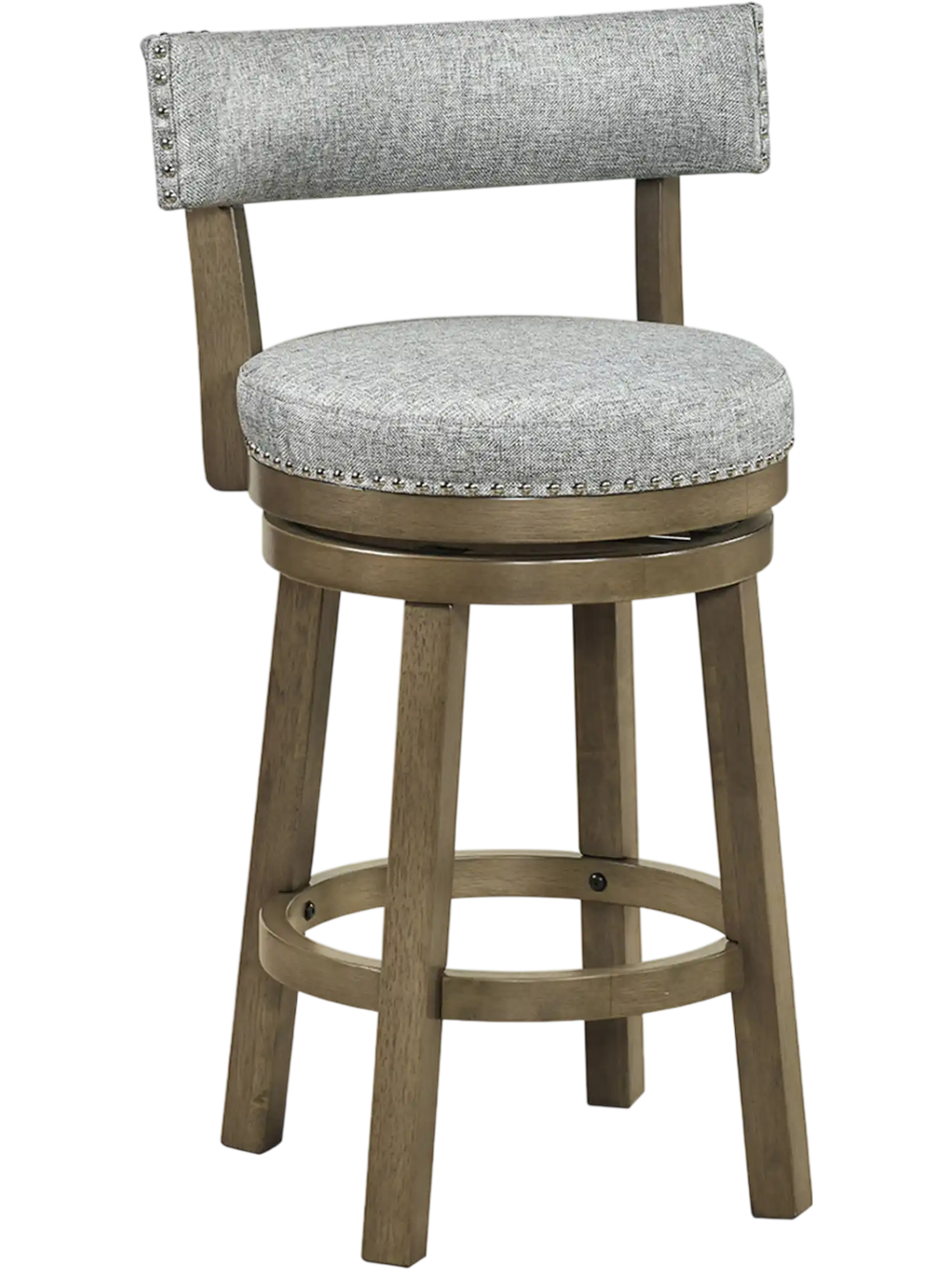 Swivel bar stool with upholstered back and footrest, solid rubber wood legs, and decorative nailhead for stylish.