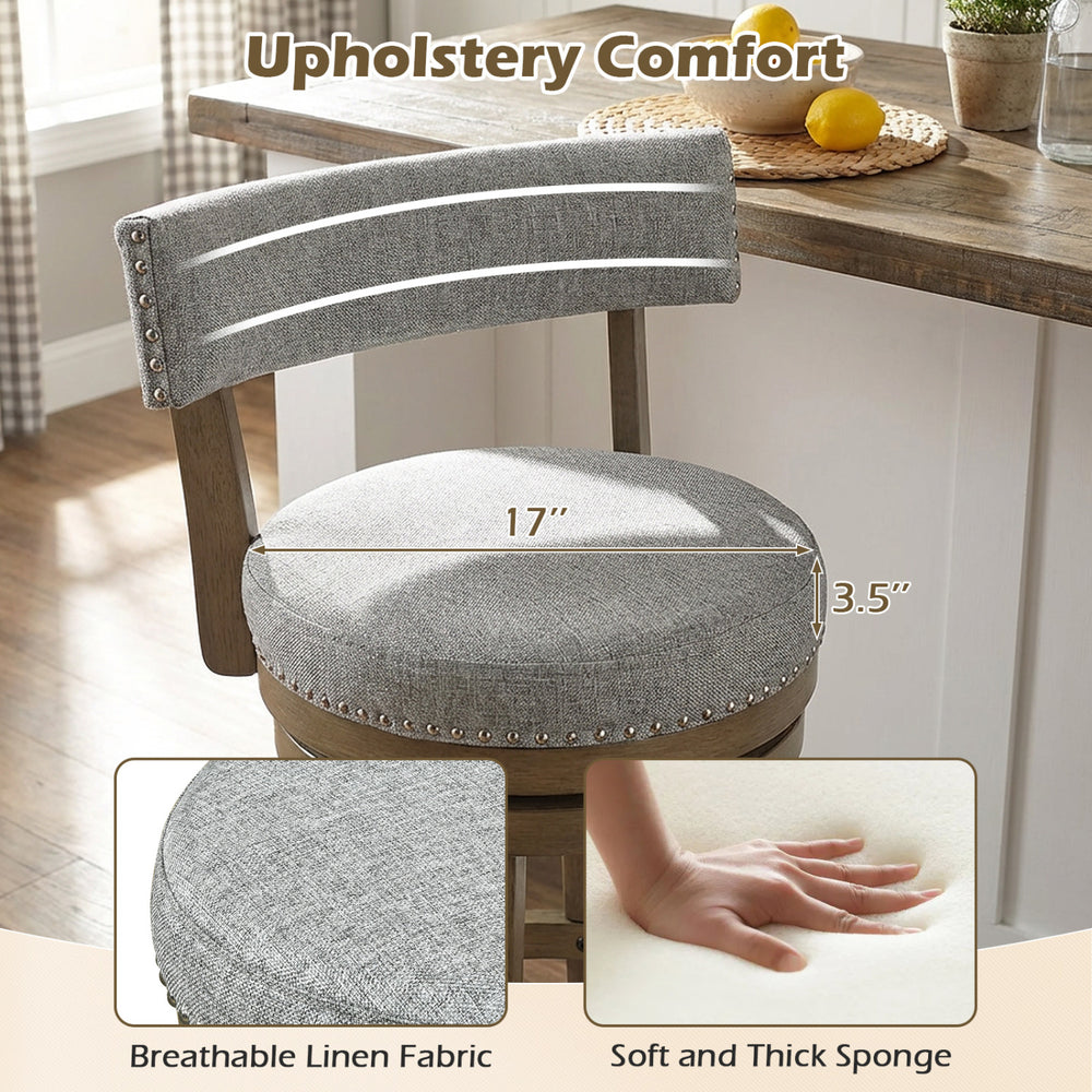 Swivel bar stool with upholstered back and thick cushion, featuring breathable linen fabric and decorative nailhead.