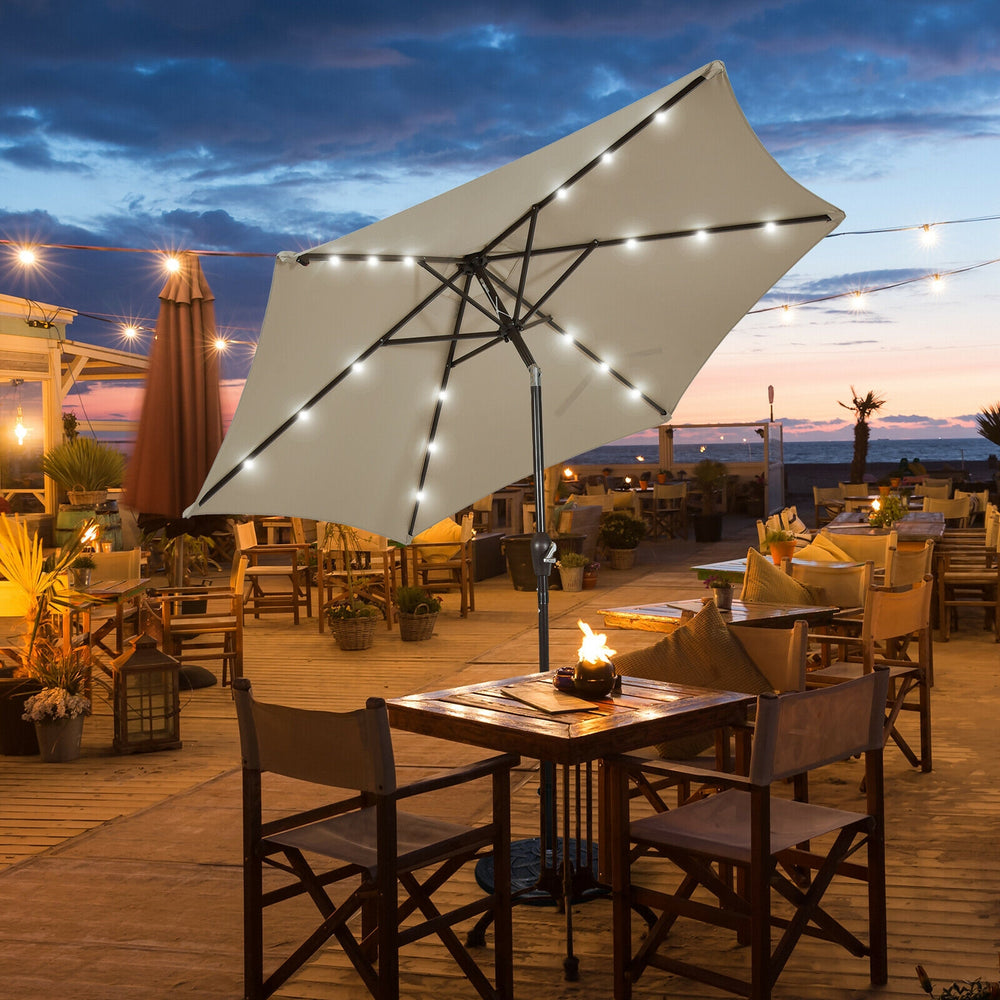 9 Feet Solar LED Lighted Patio Market Umbrella Tilt Adjustment Crank Lift-Tan - Gallery View 1 of 11