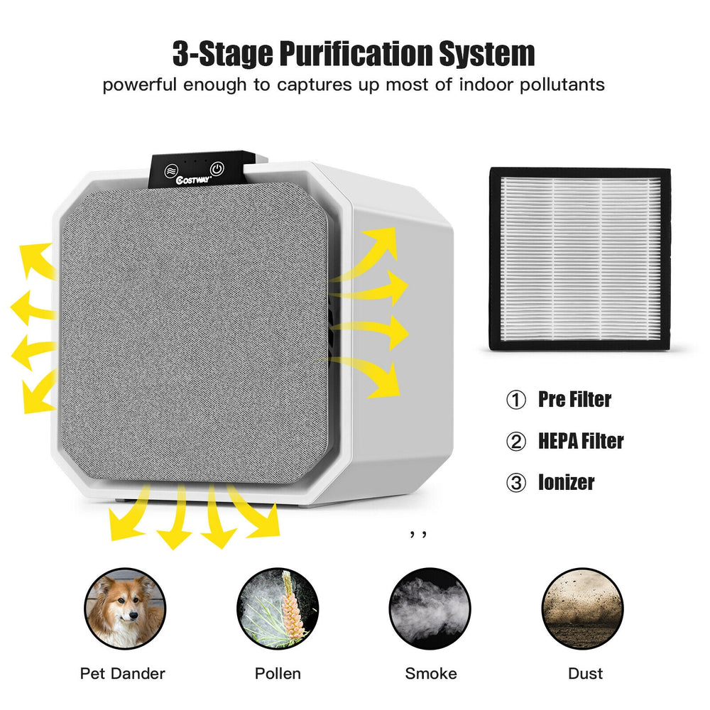 Desktop HEPA air purifier with 2-in-1 filter, compact design, and 3 fan speeds for efficient air cleaning in home or.
