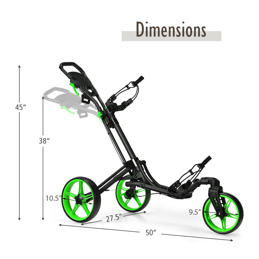 Folding golf push cart with adjustable handle and swivel wheels, featuring a lightweight aluminum frame and green.
