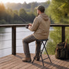 Folding bar stool with HDPE seat and carry handle, perfect for fishing or kitchen use, featuring a sturdy metal frame.