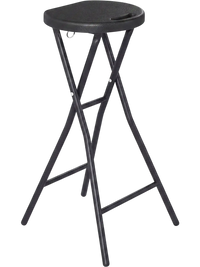 Folding bar stool with HDPE seat and powder-coated metal frame, ideal for kitchen bars and outdoor use.