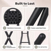 Folding bar stool features a durable HDPE seat, powder-coated metal frame, and non-slip foot pads for stability.