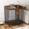 Rustic brown dog crate furniture with wheels, featuring a large tabletop and lockable front door for small dogs and.