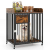 Rustic brown dog crate furniture with wheels, featuring a lockable door and large tabletop for small dogs and puppies.