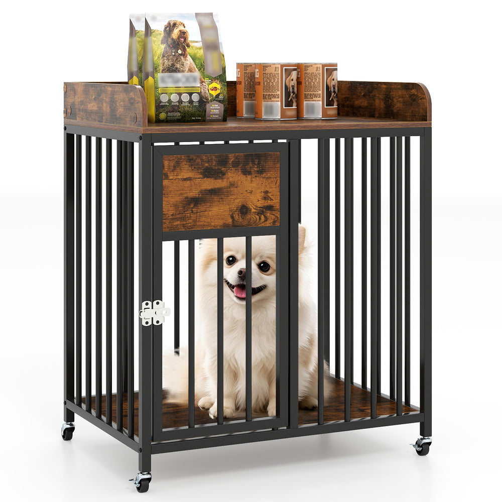 Rustic brown dog crate furniture with wheels, featuring a lockable door and large tabletop for small dogs and puppies.