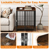 27.5-inch rustic brown dog crate furniture with lockable front door, sturdy metal tubes, and wheels for easy mobility.