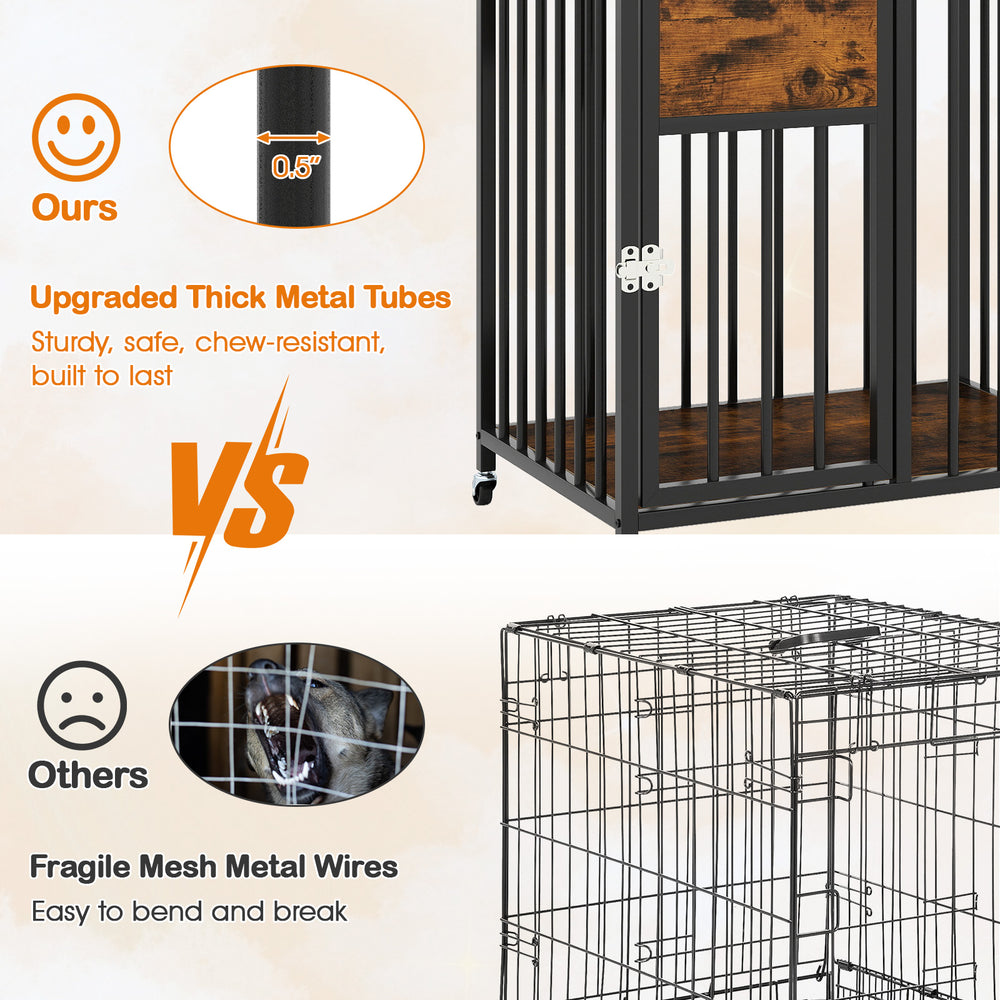 Comparison of sturdy 0.5" thick metal tubes of the 27.5-inch dog crate against fragile mesh wires for durability.