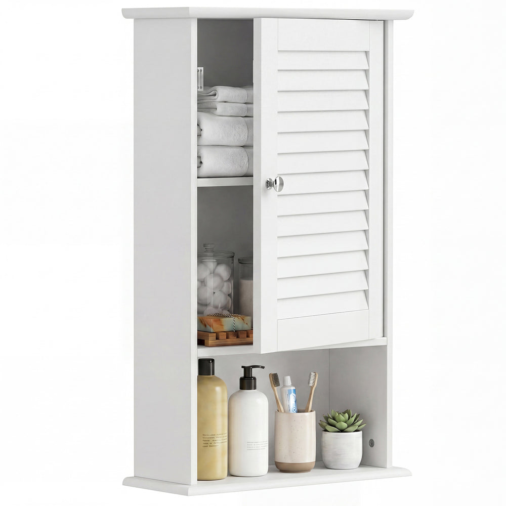 Wall-mounted bathroom storage cabinet in white with adjustable shelves and a shutter door for organized space-saving.