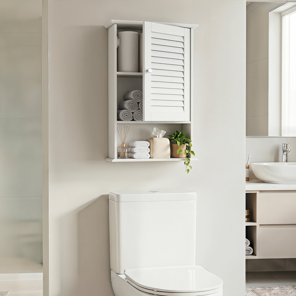 Wall-mounted bathroom storage cabinet with adjustable shelves and elegant white finish for organized living spaces.