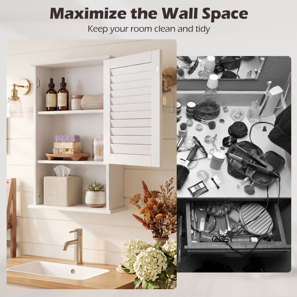Wall-mounted bathroom storage cabinet with adjustable shelves in elegant white finish for organized living spaces.