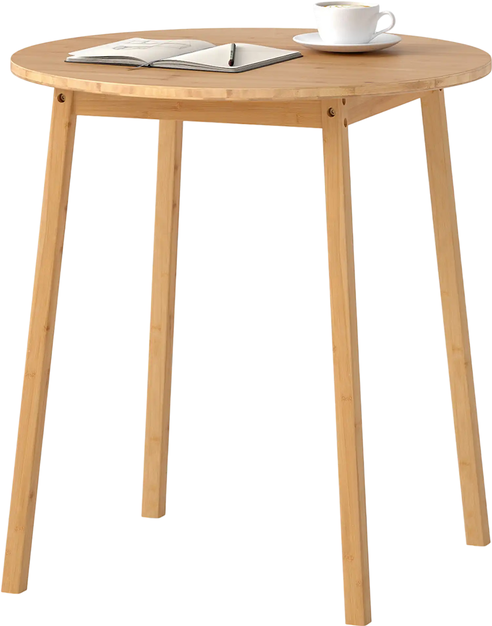 Round bamboo dining table for 2-4 people, featuring smooth corners and non-slip foot pads, ideal for small spaces.