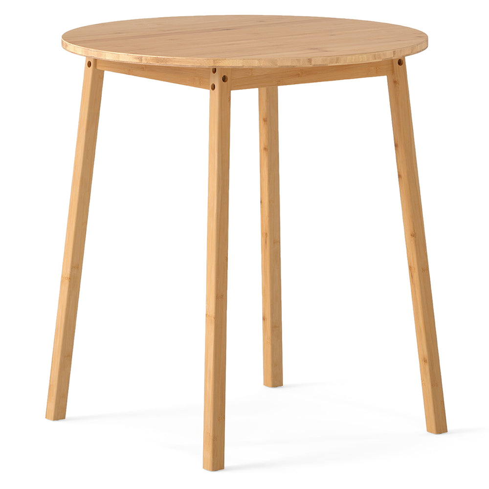 Round bamboo dining table, 27.5 inches, for 2-4 people, featuring smooth corners and non-slip foot pads for safety.