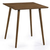 Small square wooden dining table in walnut finish, seats 2-4, features rounded corners and solid rubber wood legs.