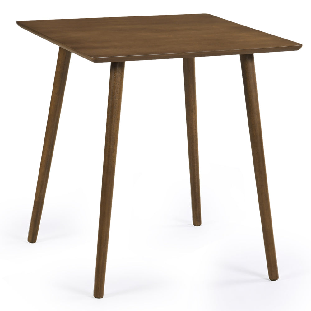 Small square wooden dining table in walnut finish, seats 2-4, features rounded corners and solid rubber wood legs.