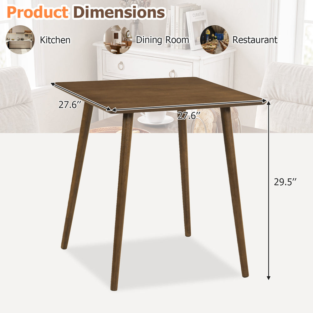Small square wooden dining table in walnut, seats 2-4, featuring rounded corners and solid rubber wood legs for stability.
