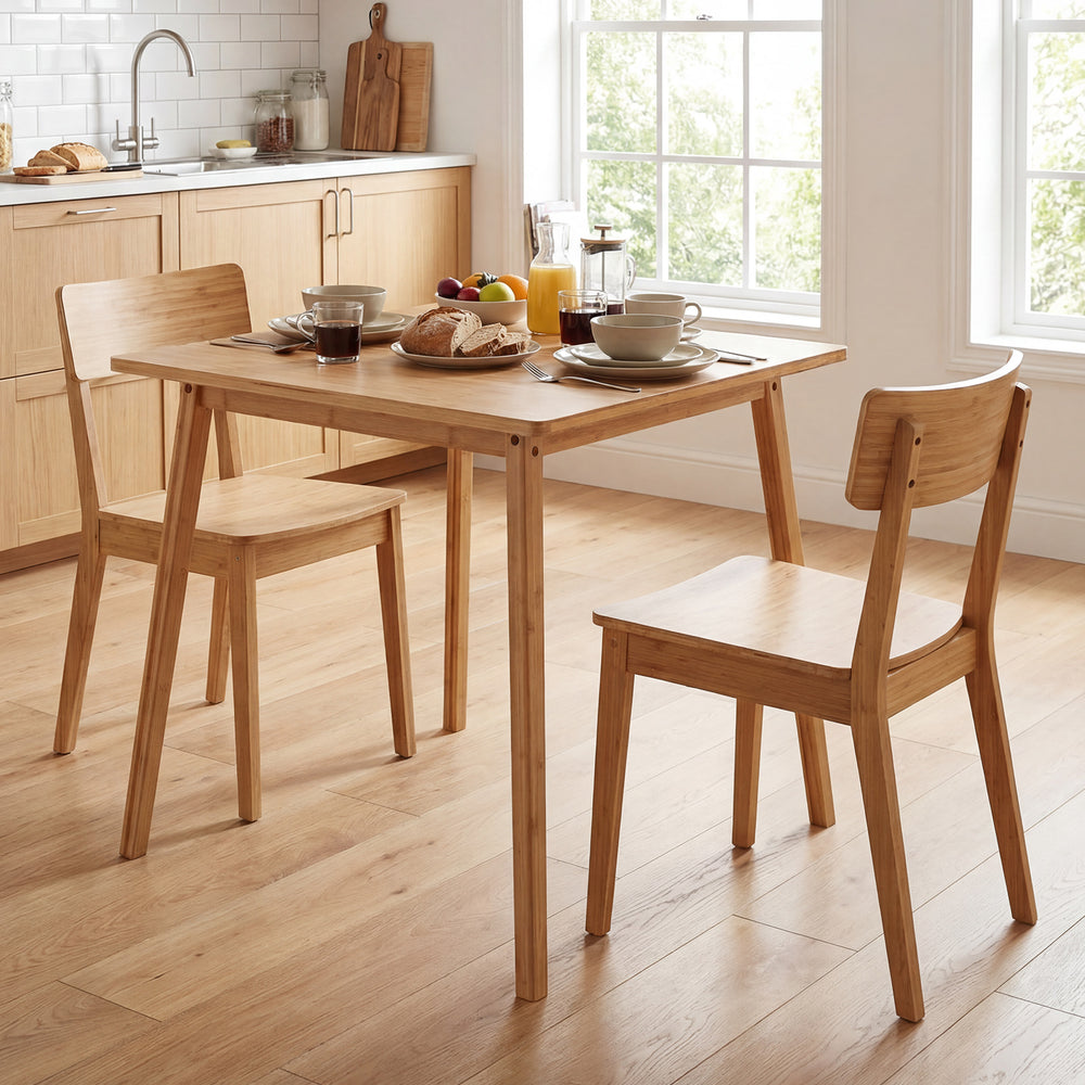 Natural bamboo dining table for 2-4 people, featuring a sturdy frame and mid-century style, perfect for compact spaces.