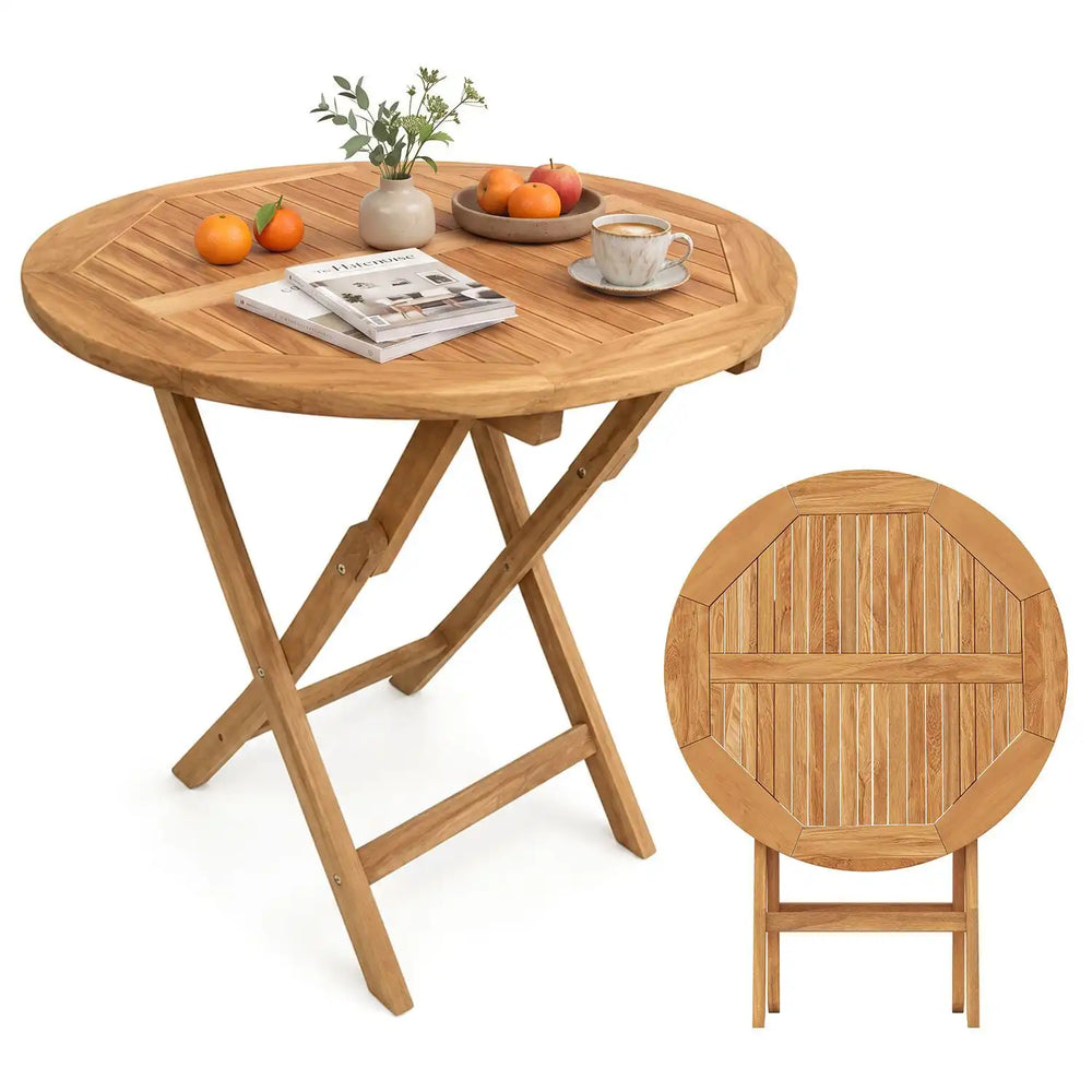 Round 27.5" outdoor folding dining table made of sturdy teak wood with a slatted tabletop, ideal for small spaces.