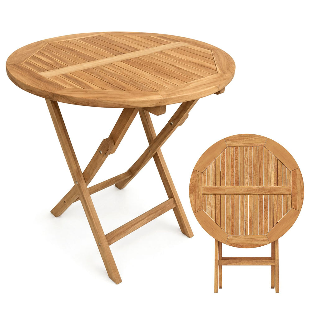 Round 27.5" outdoor folding dining table made of sturdy teak wood with a slatted tabletop, ideal for small garden spaces.