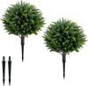 Set of 2 artificial cypress topiary trees, 27.5 inches tall, featuring realistic foliage and durable PE material for outdoor use.