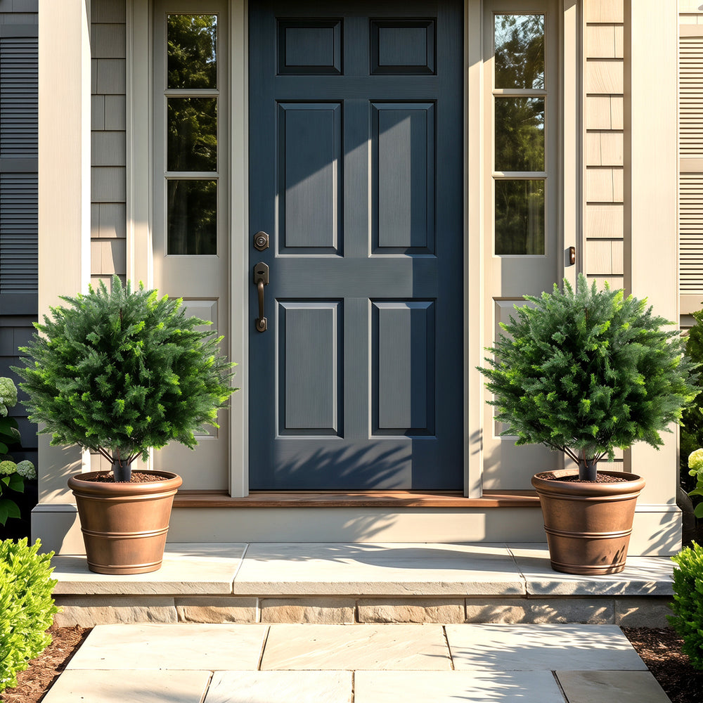 Two 27.5-inch artificial cypress topiary trees in decorative pots, featuring realistic foliage for outdoor use.