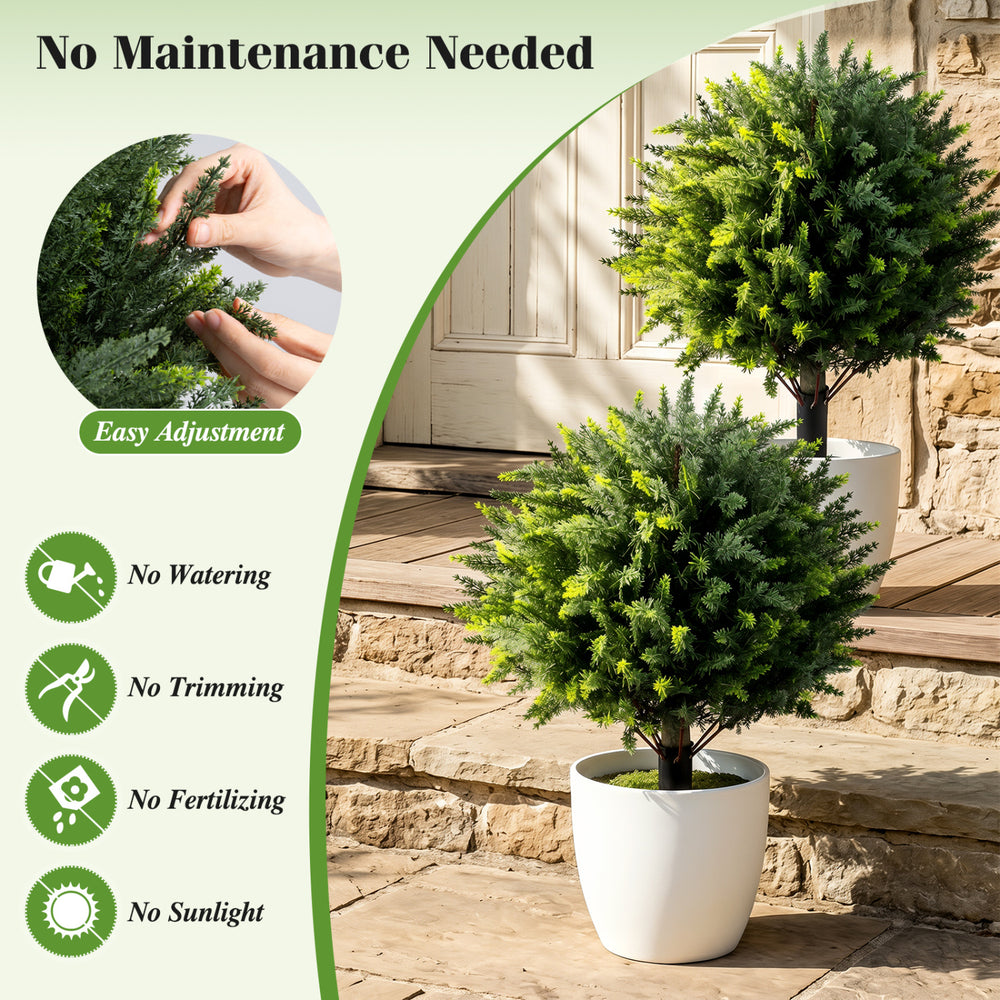 27.5 inch artificial cypress topiary tree with dense foliage, flexible branches, and ground spikes for easy outdoor placement.