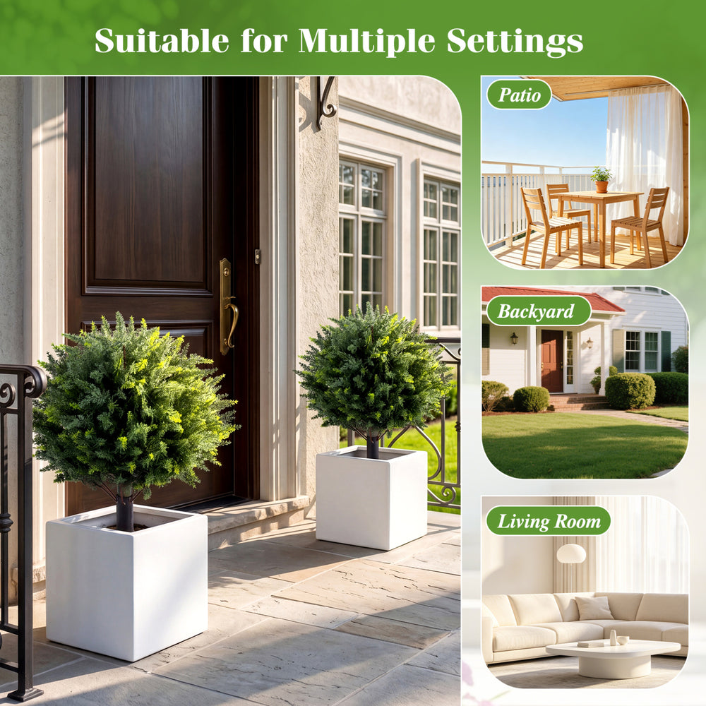 27.5 inch artificial cypress topiary trees with dense foliage, perfect for patios, backyards, or living rooms.