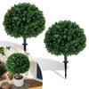 27" artificial boxwood topiary trees set of 2 with ground spikes, ideal for enhancing porches and patios.